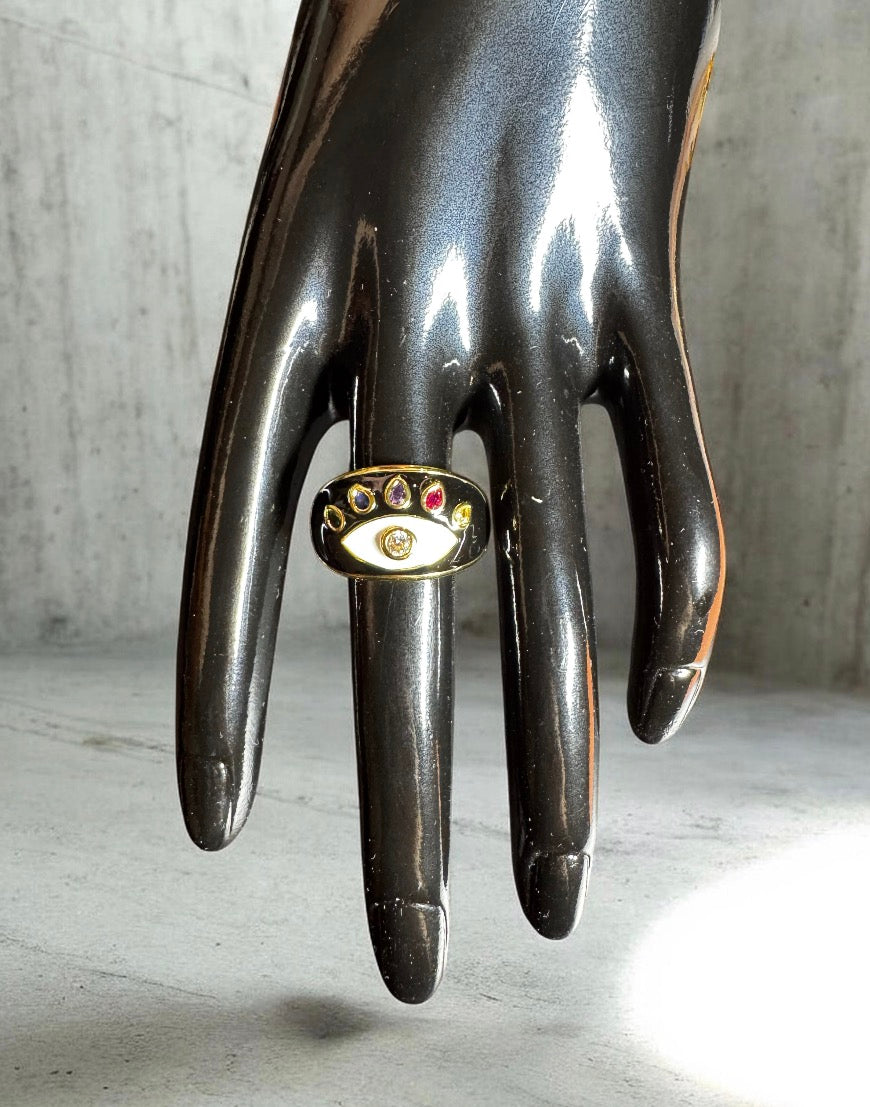 14K Gold Plated Enamelled Black/Clear Gemstone Evil Eye Cocktail Costume Adjustable Ring (Size 18.8mm)