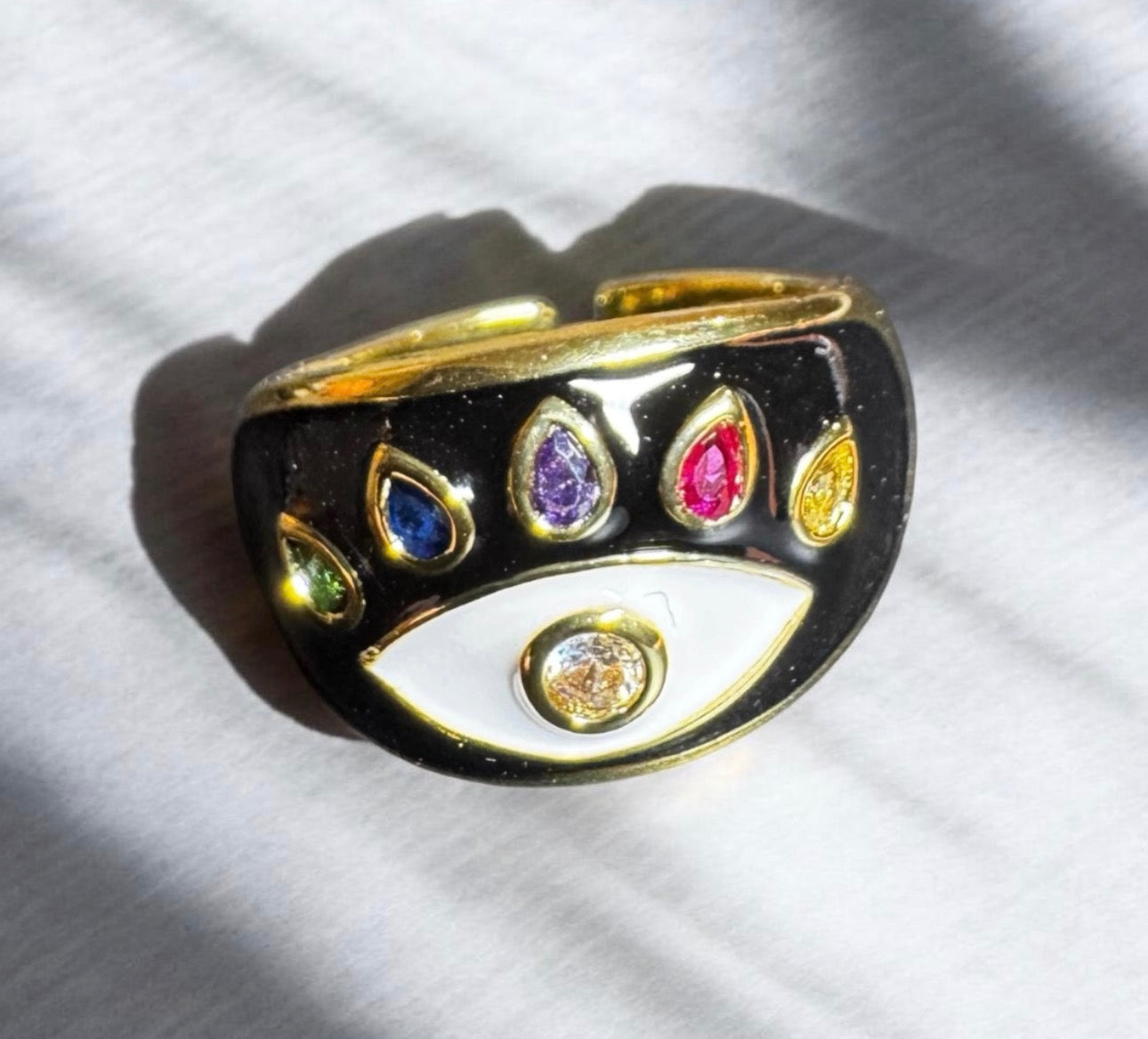 14K Gold Plated Enamelled Black/Clear Gemstone Evil Eye Cocktail Costume Adjustable Ring (Size 18.8mm)