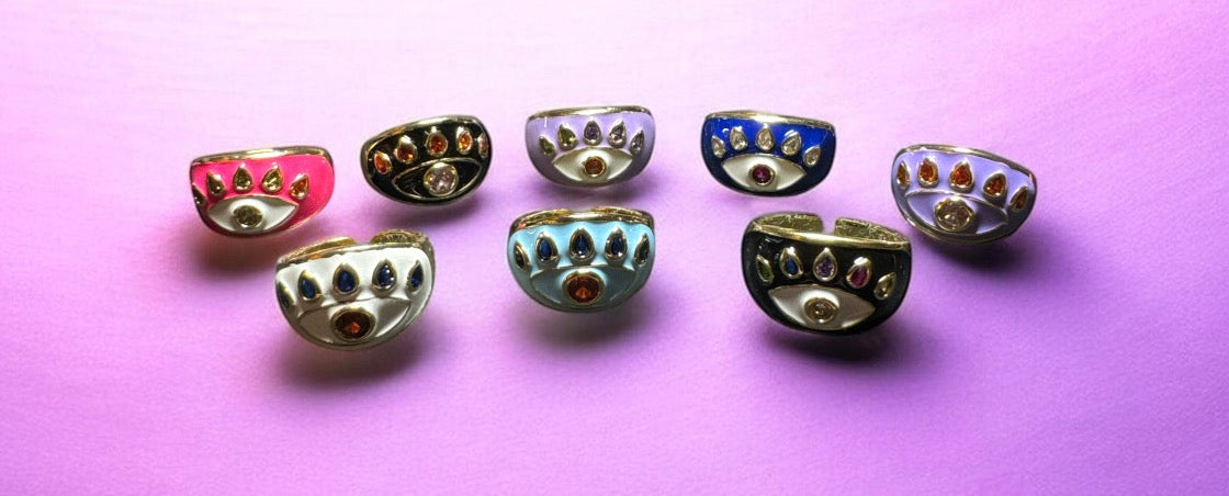 14K Gold Plated Black Enamelled Red and Rose Zirconia Stone Evil Eye Cocktail Costume Adjustable Ring (Size 18.8mm)