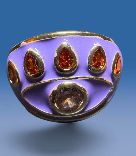 14k Gold Plated Lilac Amethyst Enamelled Evil Eye Cocktail Costume Adjustable Ring (Size 18.8mm)