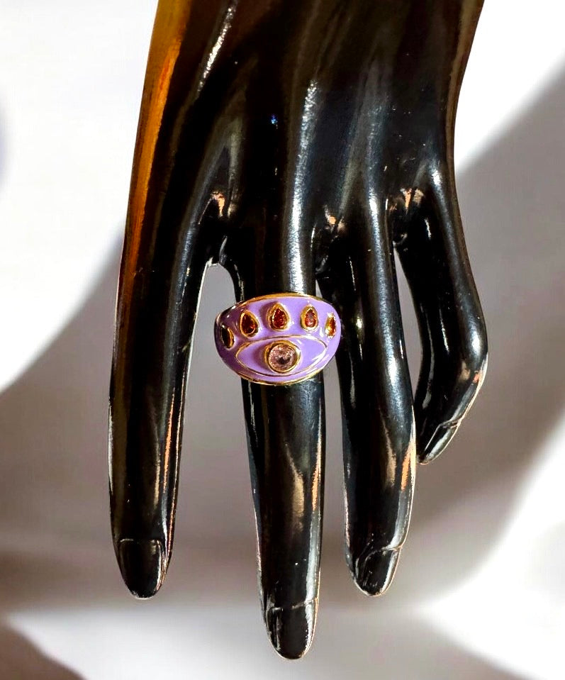 14k Gold Plated Lilac Amethyst Enamelled Evil Eye Cocktail Costume Adjustable Ring (Size 18.8mm)