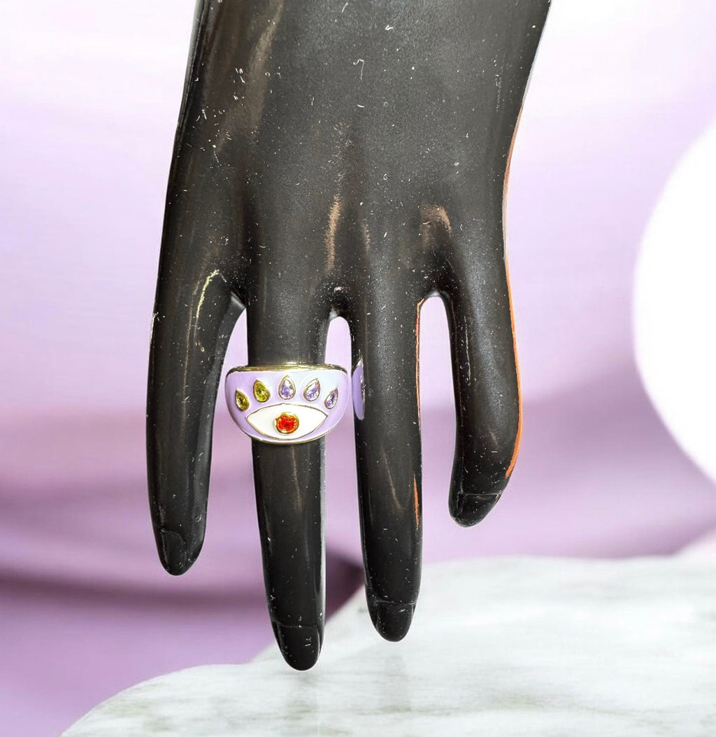 14K Gold Plated Lilac Red Gemstone Enamelled Evil Eye Cocktail Costume Adjustable Ring (Size 18.8mm)