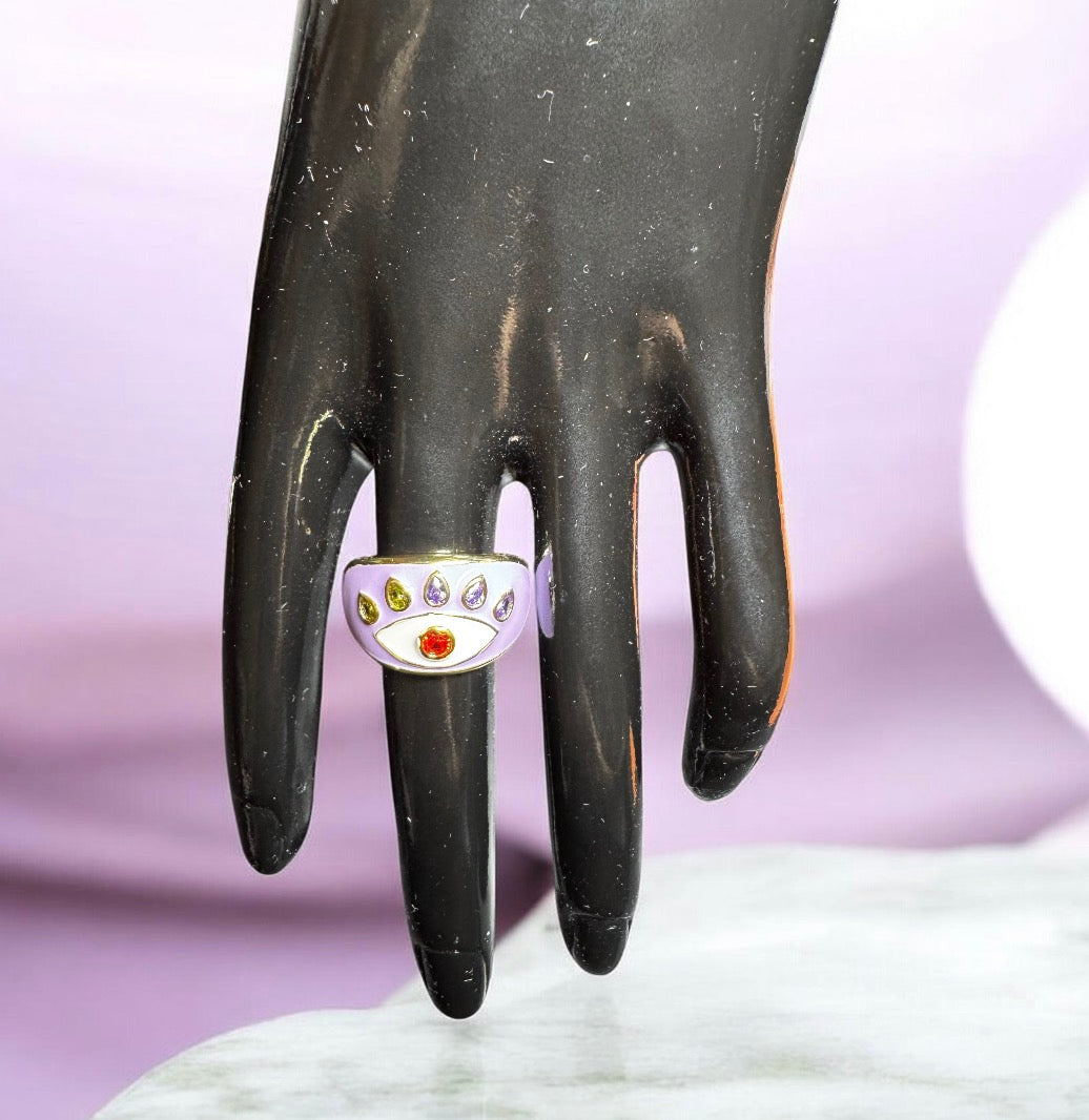 14K Gold Plated Lilac Red Gemstone Enamelled Evil Eye Cocktail Costume Adjustable Ring (Size 18.8mm)