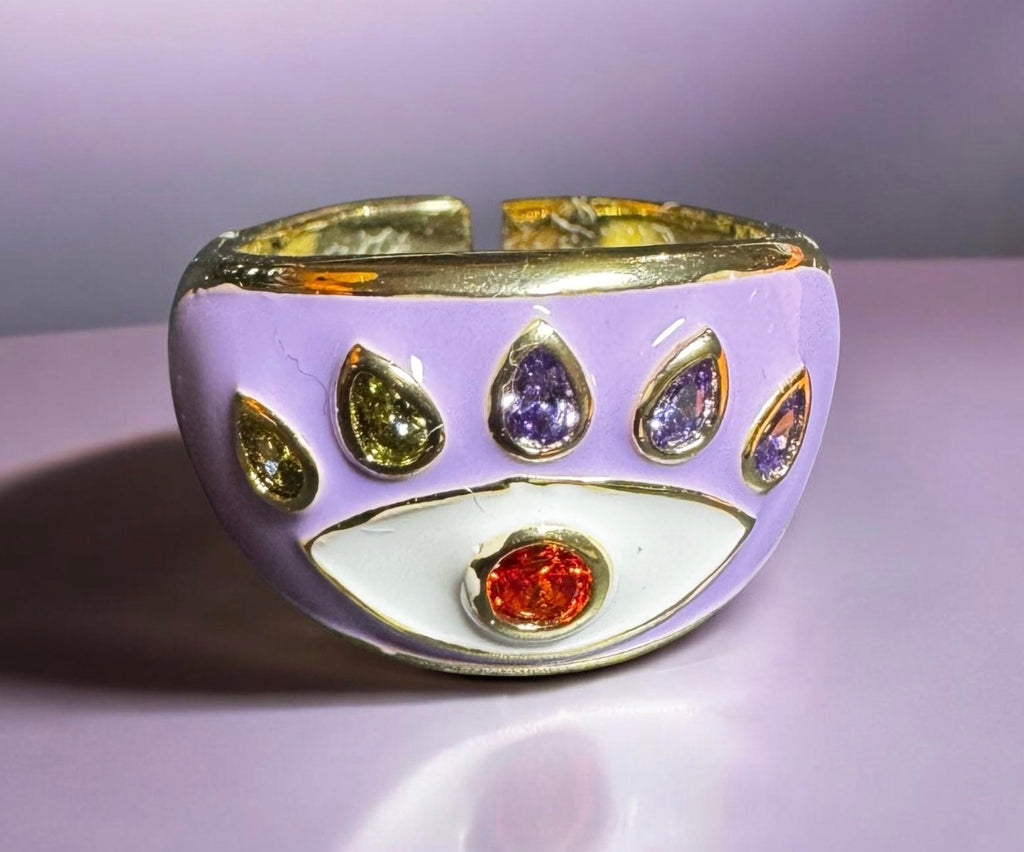 14K Gold Plated Lilac Red Gemstone Enamelled Evil Eye Cocktail Costume Adjustable Ring (Size 18.8mm)