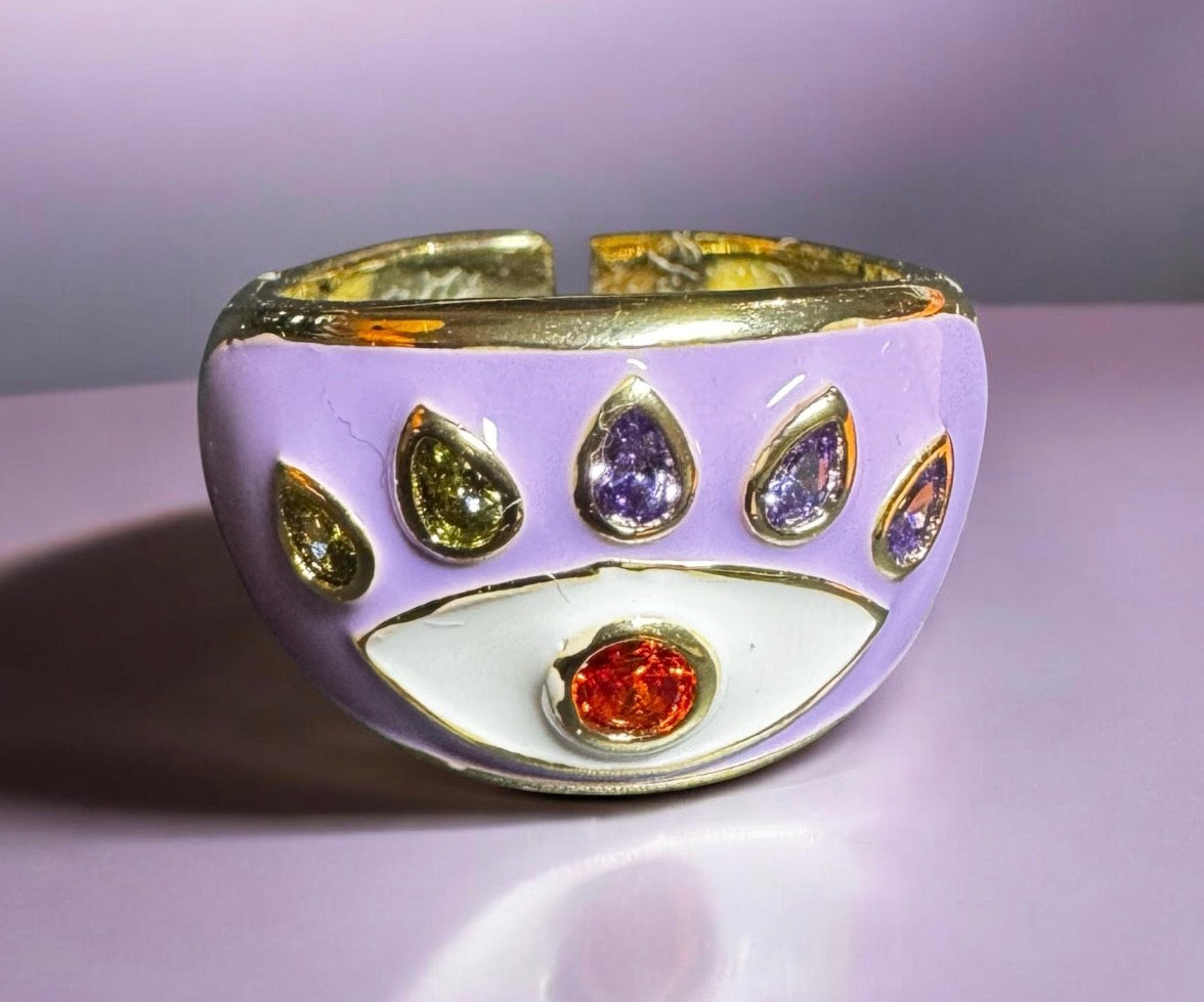 14K Gold Plated Lilac Red Gemstone Enamelled Evil Eye Cocktail Costume Adjustable Ring (Size 18.8mm)