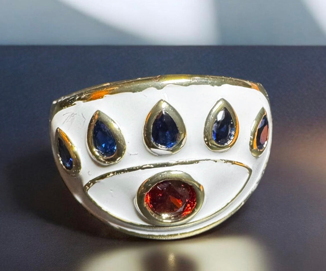 14K Gold Plated White Enamelled Ruby Red Gemstone Evil Eye Cocktail Costume Adjustable Ring (Size 18.8mm)