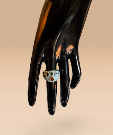 14K Gold Plated Baby Blue Enamelled Red Zircon Stone Evil Eye Cocktail Costume Adjustable Ring (Size 18.8mm)
