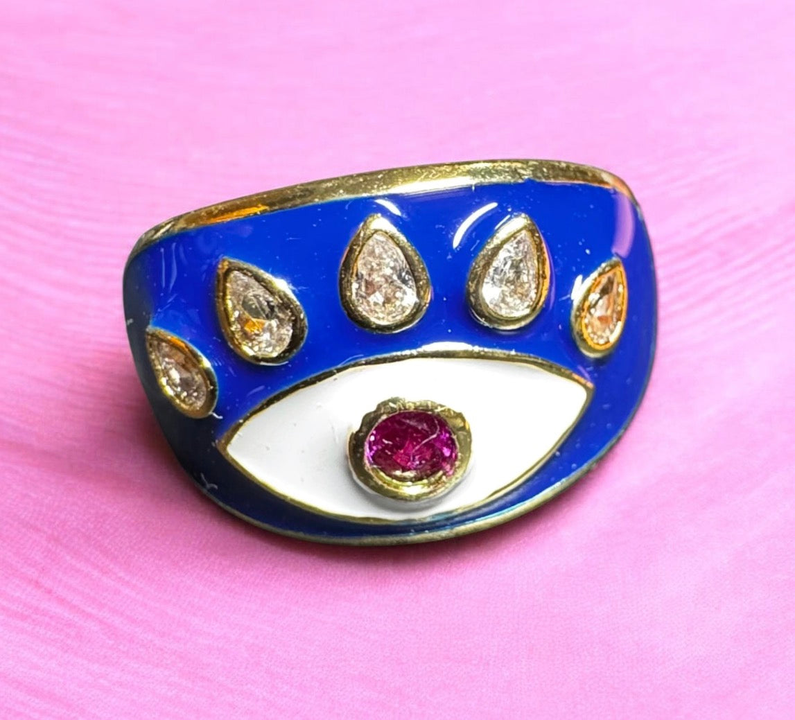 14K Gold Plated Guardian Blue Enamelled Ruby Zirconia Stone Evil Eye Cocktail Costume Adjustable Ring (Size 18.8mm)