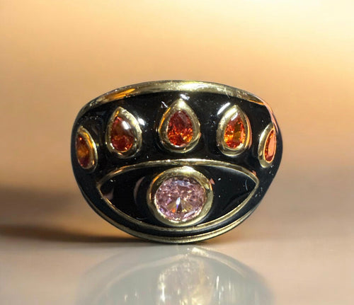 14K Gold Plated Black Enamelled Red and Rose Zirconia Stone Evil Eye Cocktail Costume Adjustable Ring (Size 18.8mm)