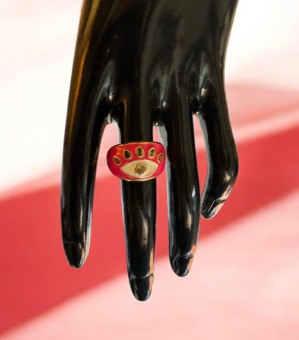 14K Gold Plated Fuchsia Pink Enamelled Yellow Zirconia Stone Evil Eye Cocktail Costume Adjustable Ring (Size 18.8mm)