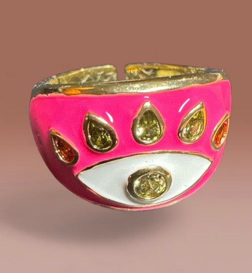14K Gold Plated Fuchsia Pink Enamelled Yellow Zirconia Stone Evil Eye Cocktail Costume Adjustable Ring (Size 18.8mm)