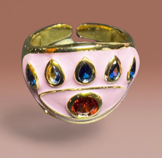14K Gold Plated Rose Enamelled Ruby Red Cubic Zirconia Evil Eye Cocktail Costume Adjustable Ring (Size 18.8mm)