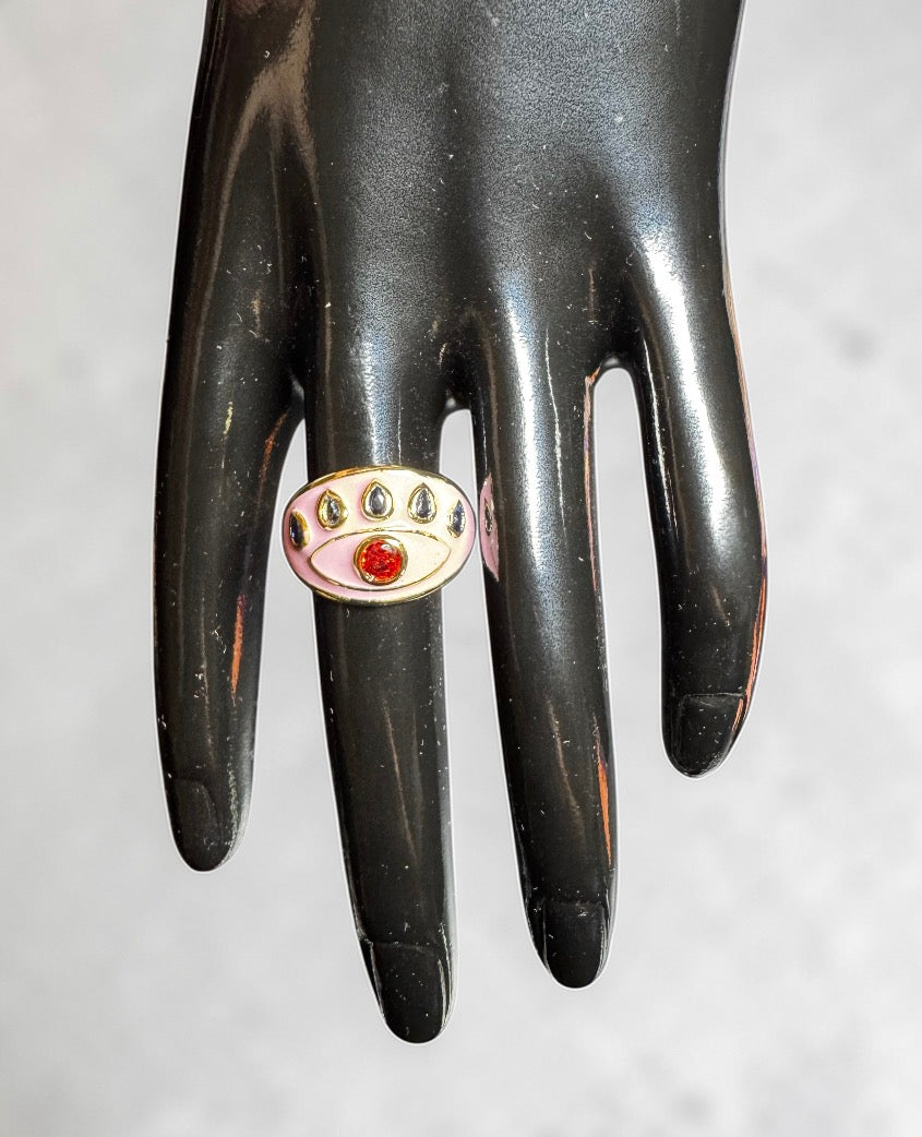 14K Gold Plated Rose Enamelled Ruby Red Cubic Zirconia Evil Eye Cocktail Costume Adjustable Ring (Size 18.8mm)