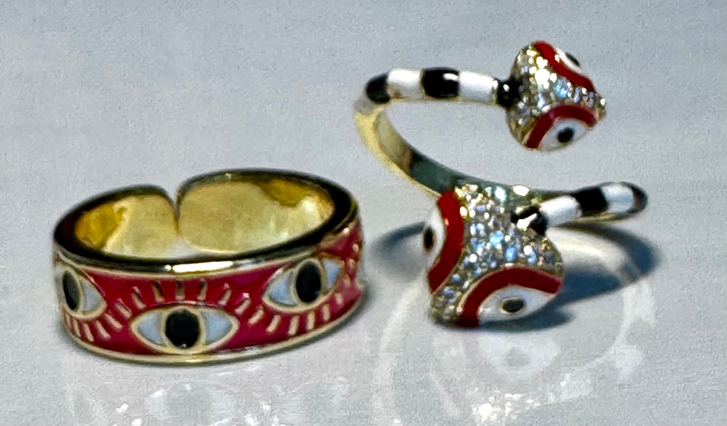 Black/White Red Snake & Fuchsia Evil Eye Costume Ring Set