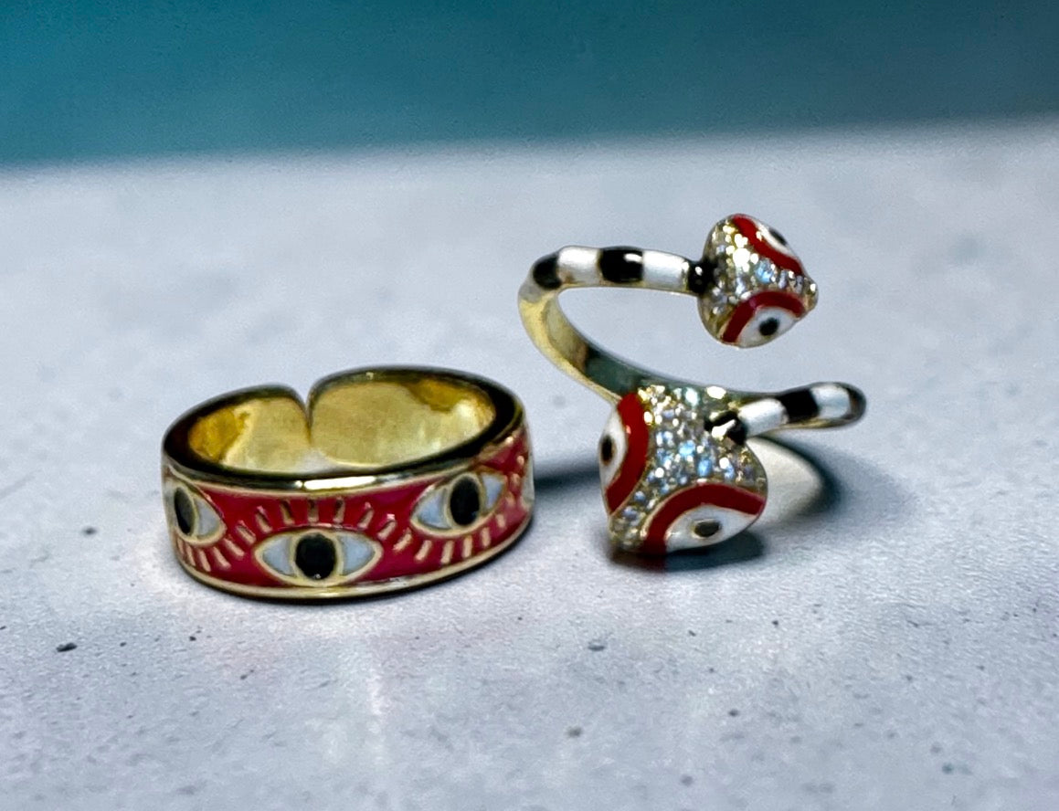 Black/White Red Snake & Fuchsia Evil Eye Costume Ring Set