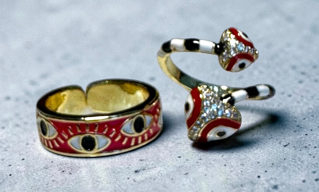 Black/White Red Snake & Fuchsia Evil Eye Costume Ring Set