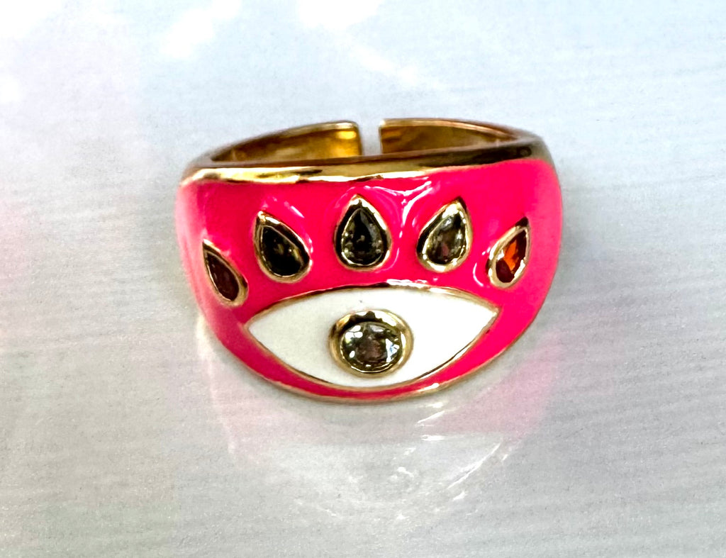 14K Gold Plated Fuchsia Pink Enamelled Yellow Zirconia Stone Evil Eye Cocktail Costume Adjustable Ring (Size 18.8mm)