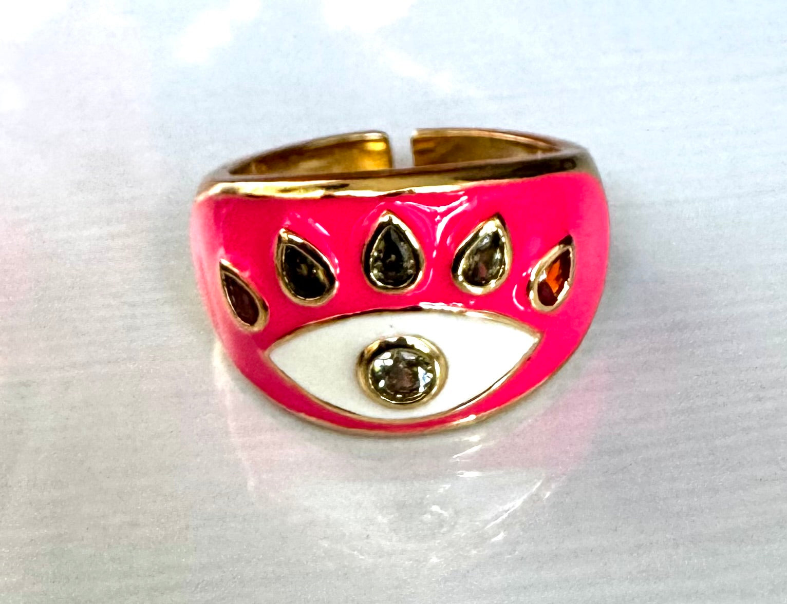 14K Gold Plated Fuchsia Pink Enamelled Yellow Zirconia Stone Evil Eye Cocktail Costume Adjustable Ring (Size 18.8mm)