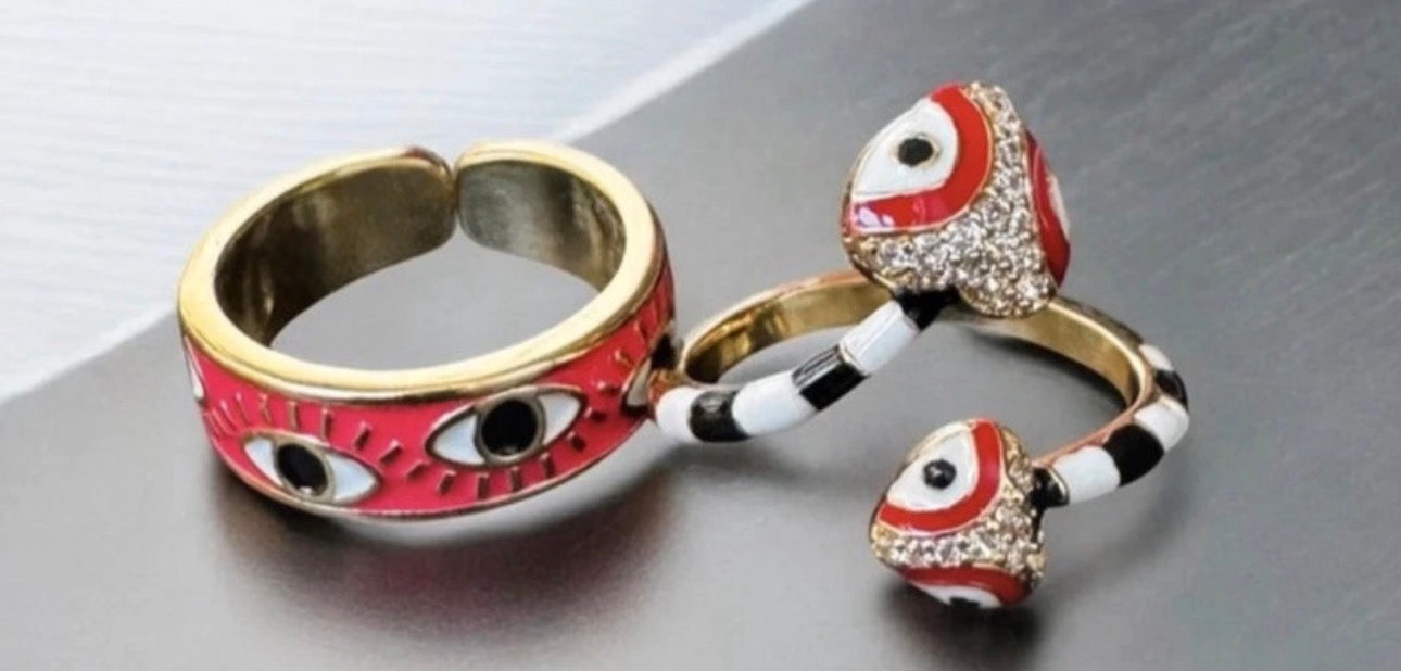 Black/White Red Snake & Fuchsia Evil Eye Costume Ring Set