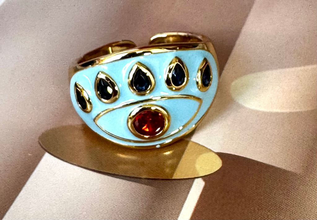 14K Gold Plated Baby Blue Enamelled Red Zircon Stone Evil Eye Cocktail Costume Adjustable Ring (Size 18.8mm)