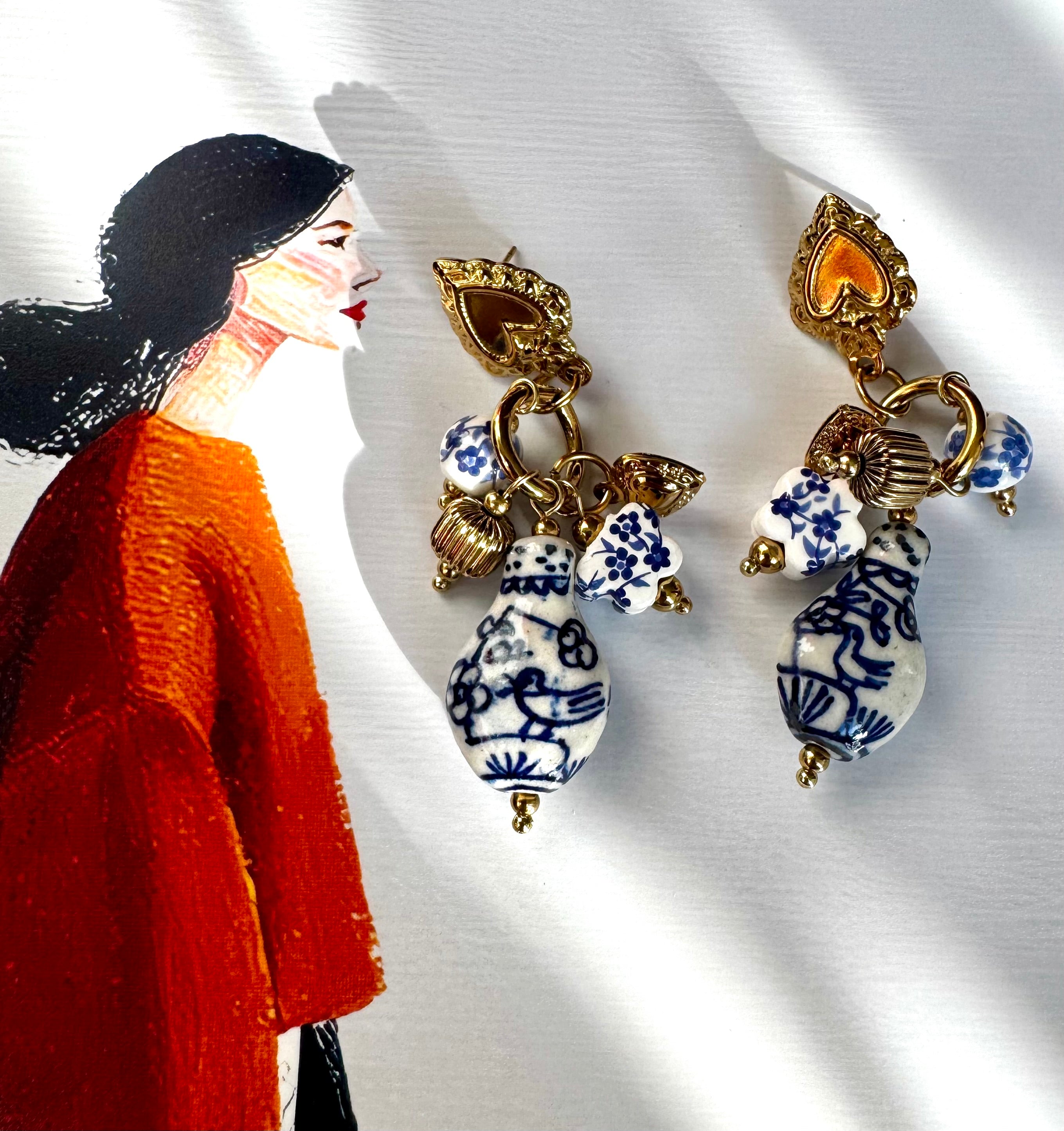 Statement Blue/White Vintage Chinoiserie Style Porcelain Drop Stud Earrings