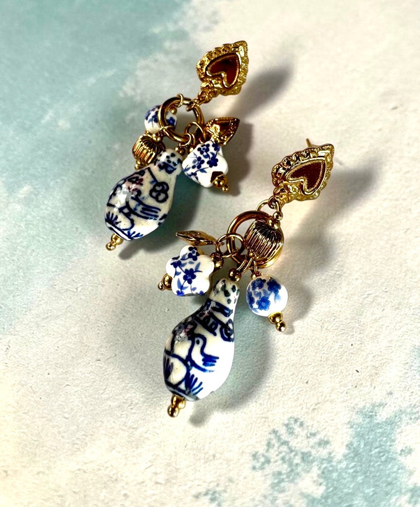 Statement Blue/White Vintage Chinoiserie Style Porcelain Drop Stud Earrings