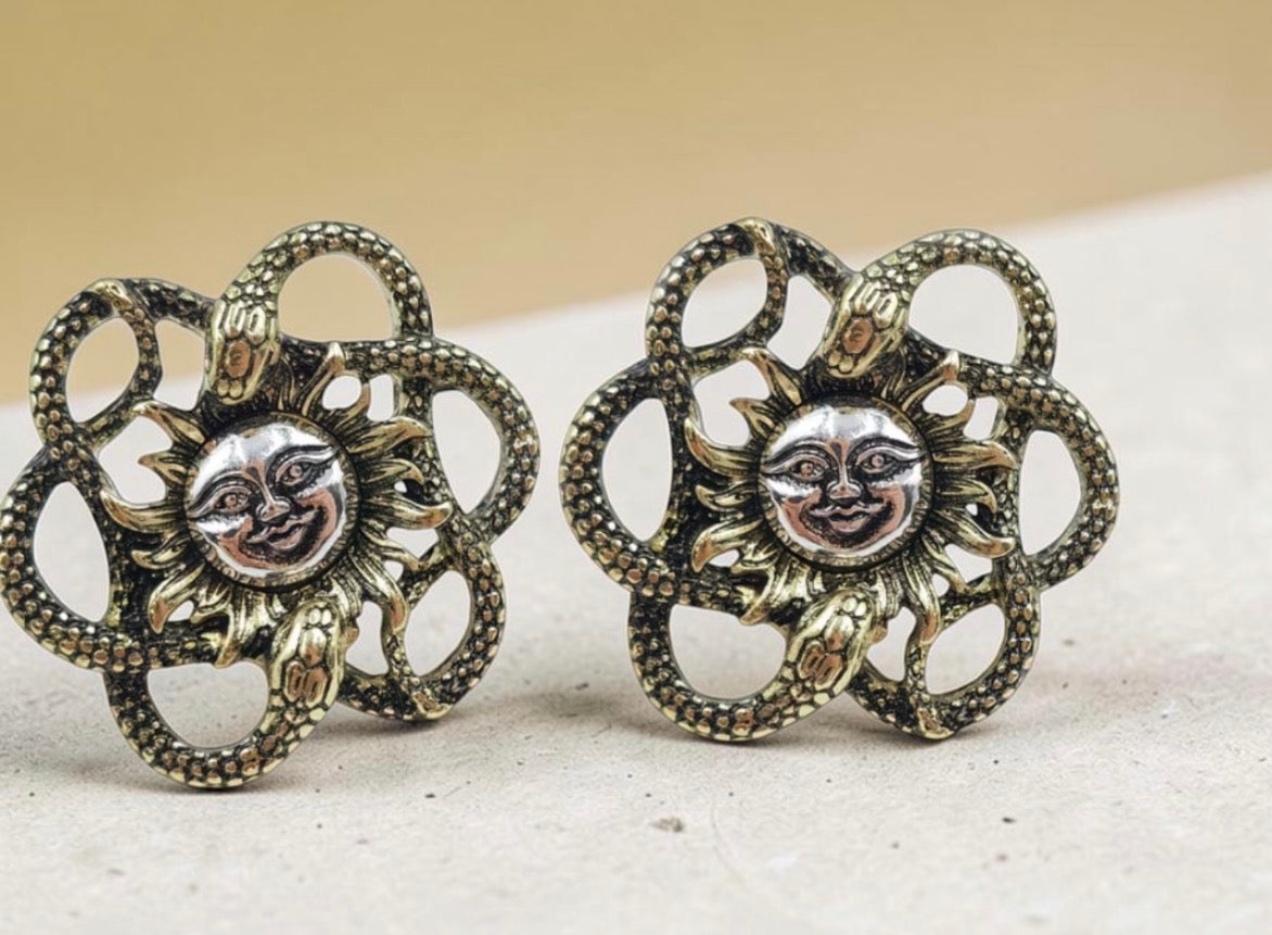 Statement Vintage Antique Gold Celestial Smiling Sun Serpents Steampunk Stud Earrings