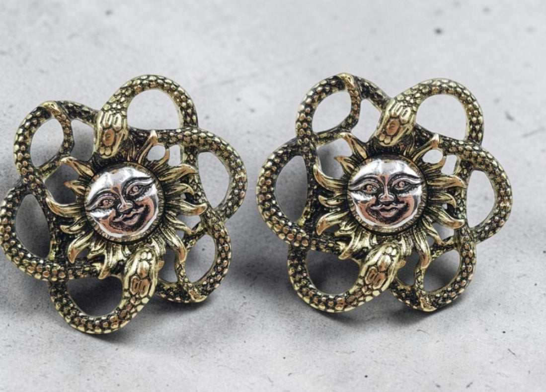 Statement Vintage Antique Gold Celestial Smiling Sun Serpents Steampunk Stud Earrings