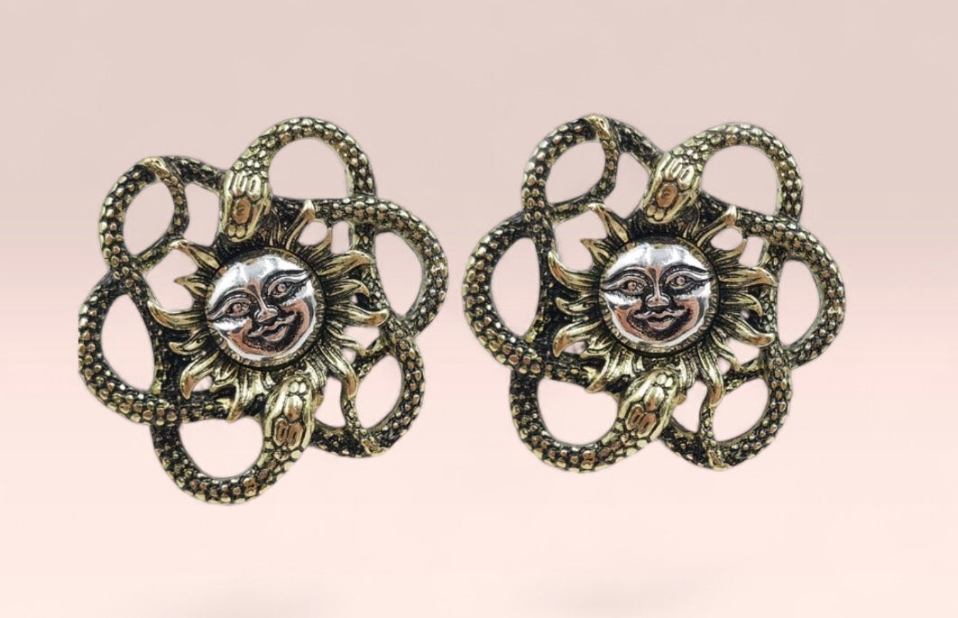 Statement Vintage Antique Gold Celestial Smiling Sun Serpents Steampunk Stud Earrings
