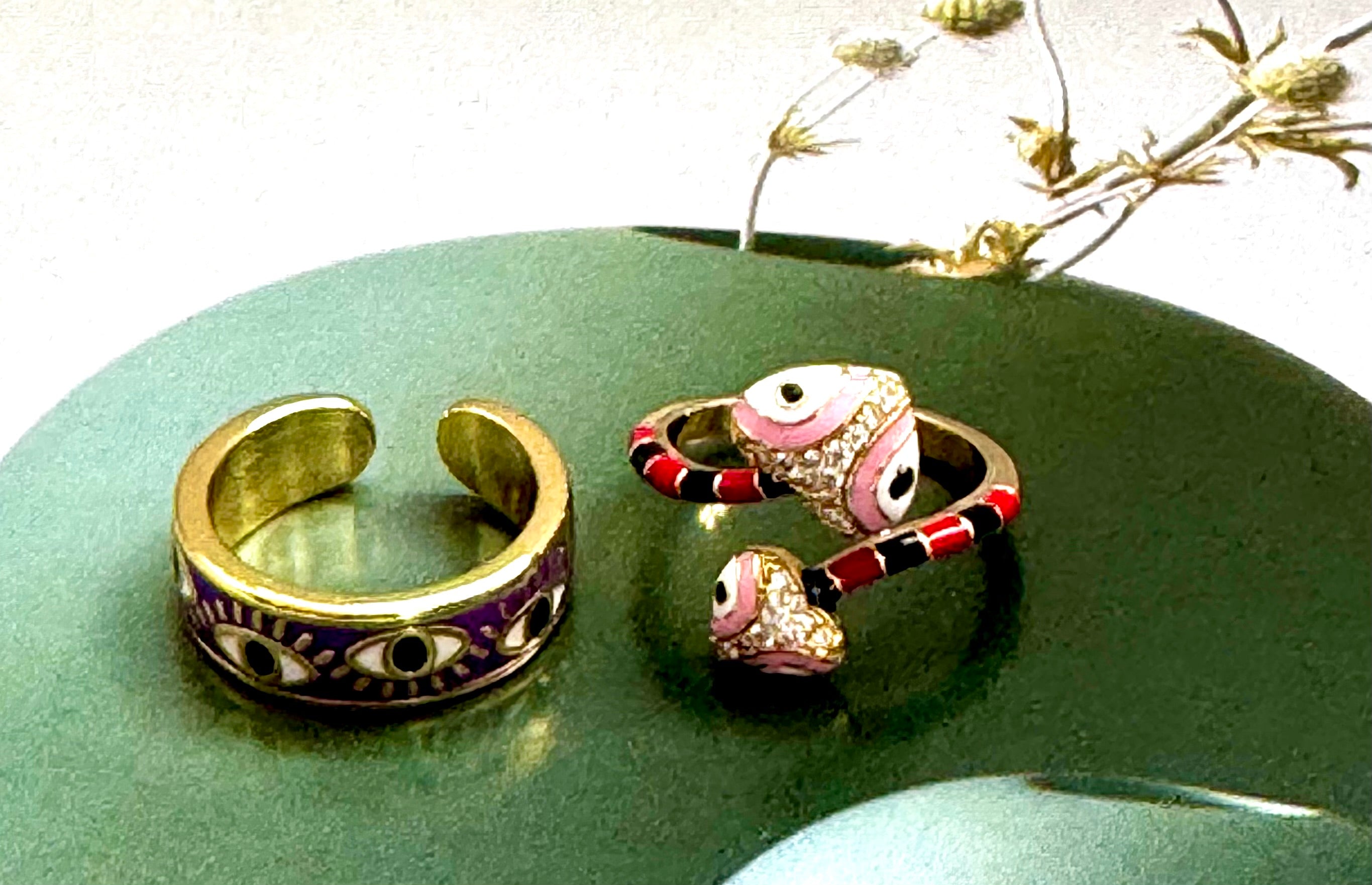 Black/Red Snake & Purple Evil Eye Costume Ring Set