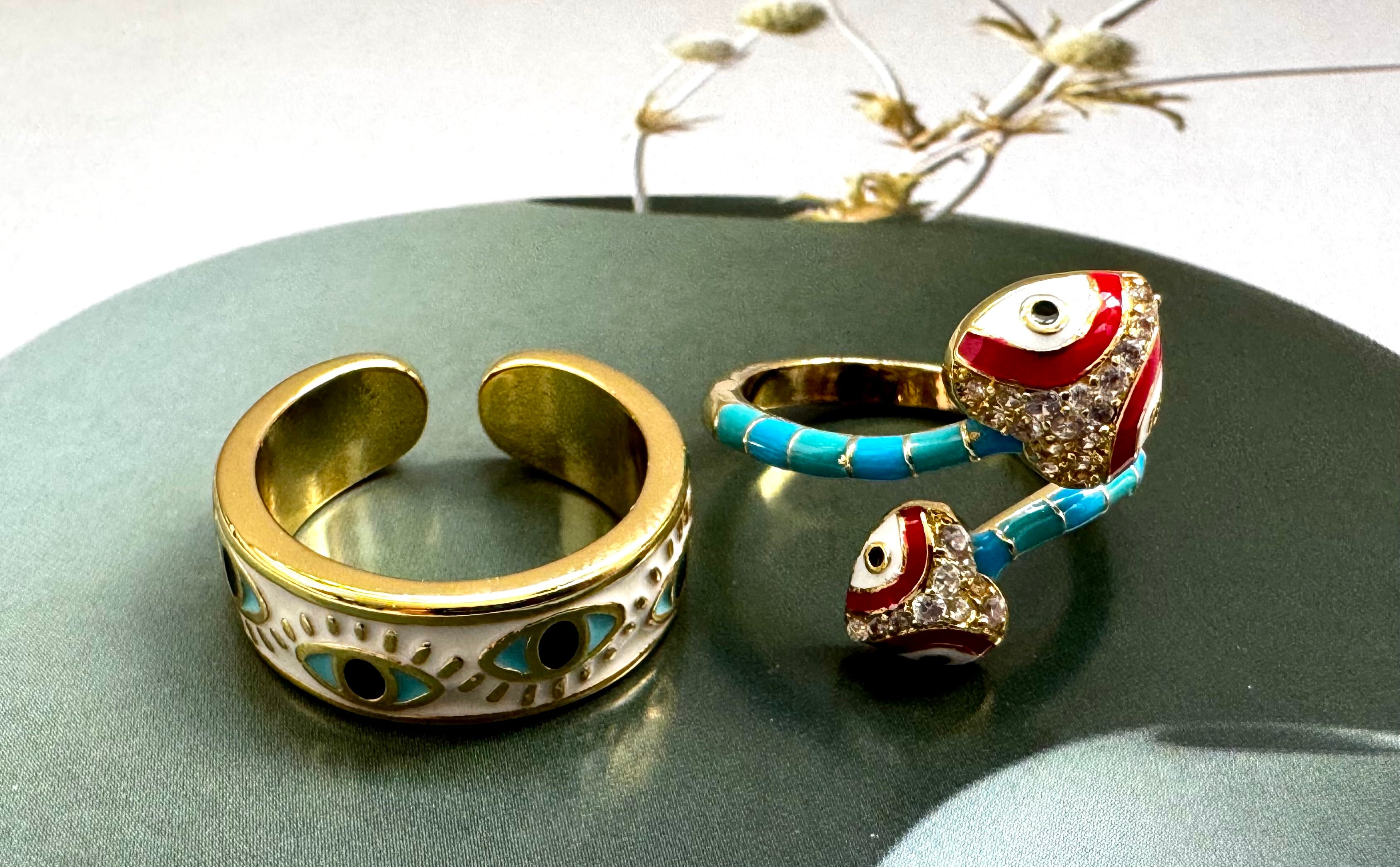 Turquoise Snake & White/Gold Evil Eye Costume Ring Set