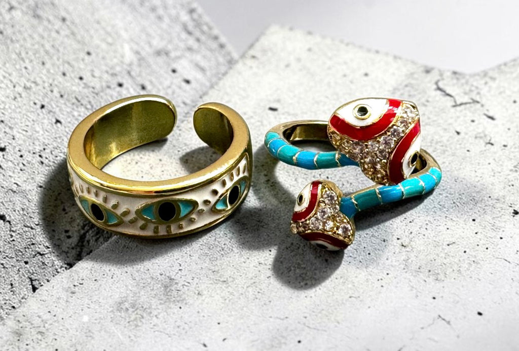 Turquoise Snake & White/Gold Evil Eye Costume Ring Set