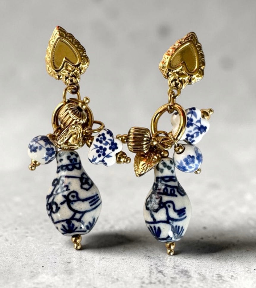 Statement Blue/White Vintage Chinoiserie Style Porcelain Drop Stud Earrings