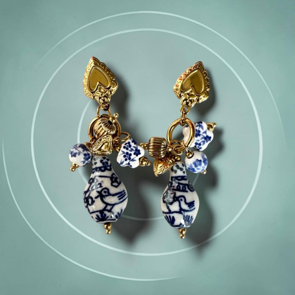 Statement Blue/White Vintage Chinoiserie Style Porcelain Drop Stud Earrings