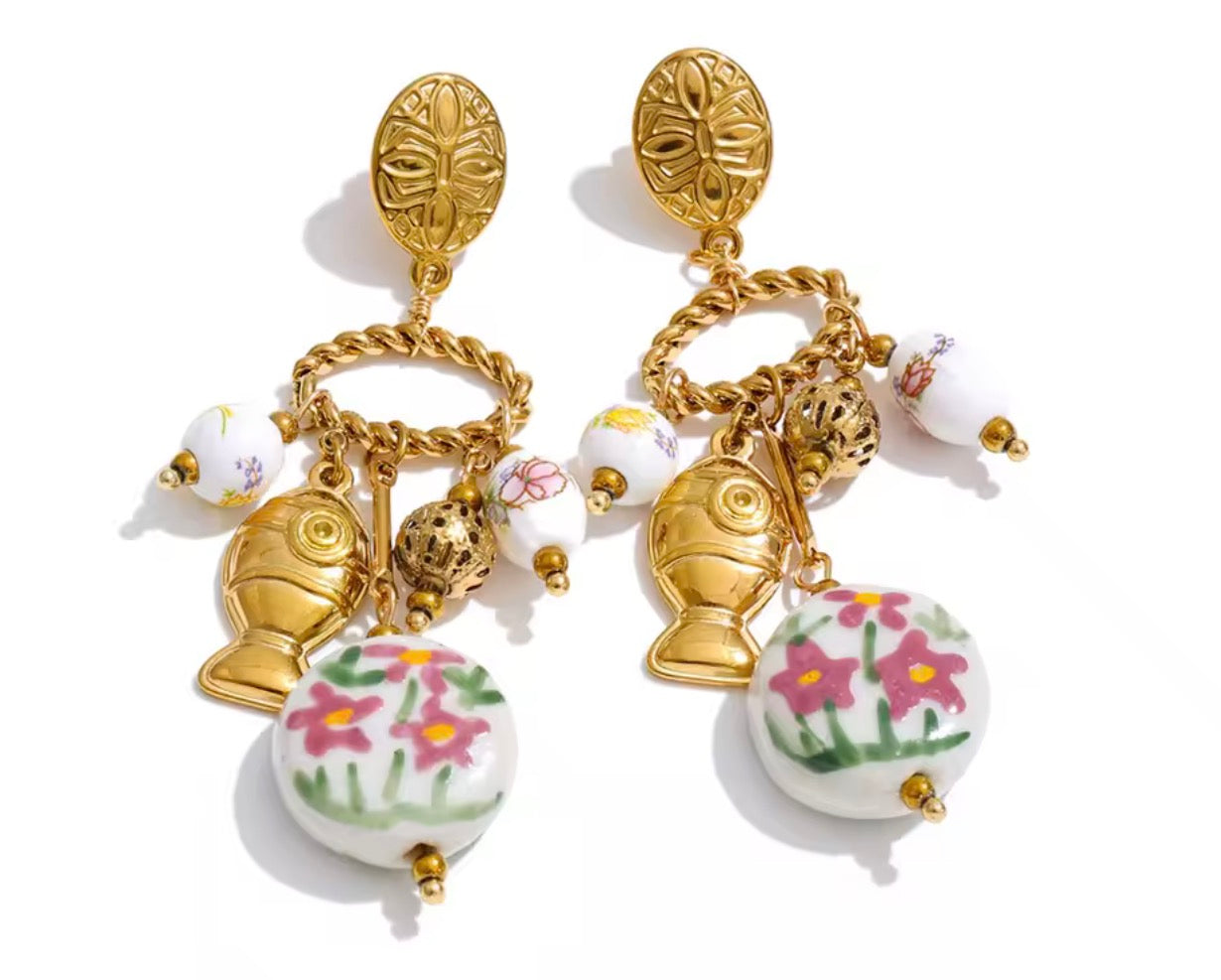 18K PVD Gold Plated Hand Painted Ceramic Floral Beads Stud Earrings
