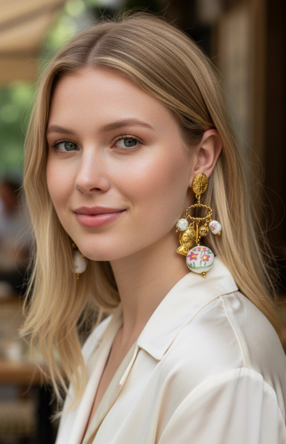 18K PVD Gold Plated Hand Painted Ceramic Floral Beads Stud Earrings