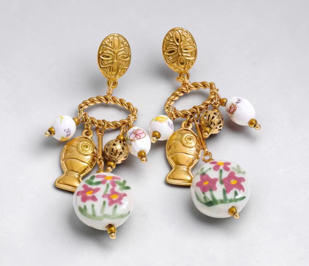 18K PVD Gold Plated Hand Painted Ceramic Floral Beads Stud Earrings