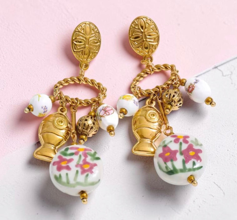 18K PVD Gold Plated Hand Painted Ceramic Floral Beads Stud Earrings